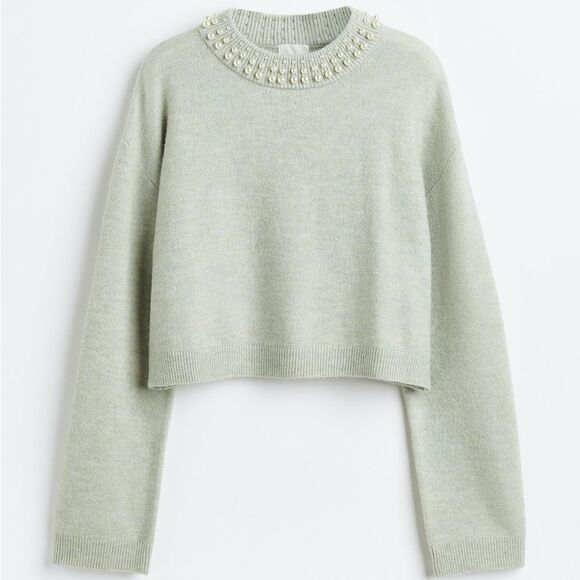 H&M Faux Pearl Beaded Neck Crop Sweater Mint Green Medium Long Sleeve - Picture 2 of 13